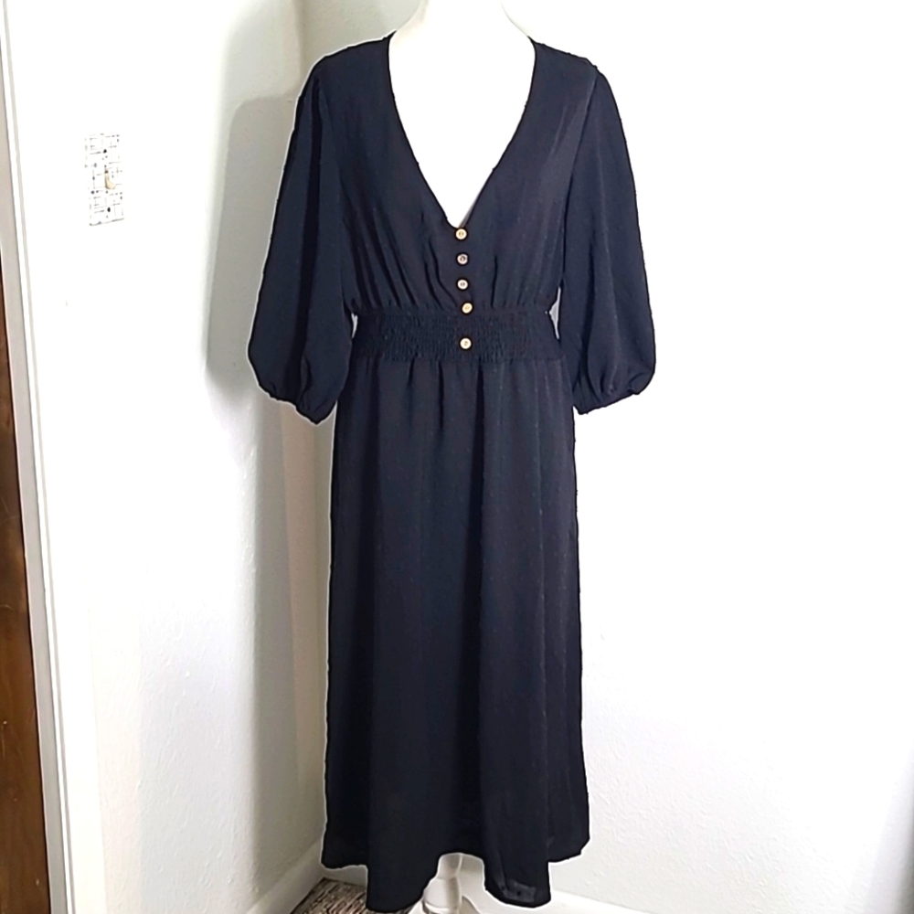 Shein Black Dotted Swiss Midi-Dress, Wide Puff Sleeves,  Size XL or 12, NWOT